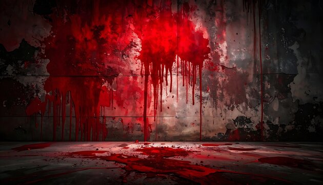 grungy concrete wall with dripping blood stains, dark horror atmosphere, ominous threat, crime scene investigation, blood splatters on floor