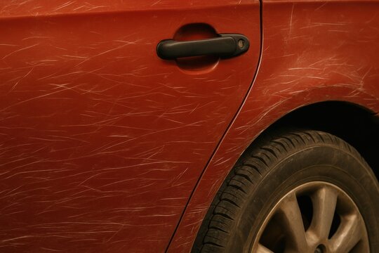 Close-up of a dirty, scratched red car door with a black handle and a dusty wheel. Conveys vehicle damage, neglect, or automotive wear and tear. Suitable for repair, insurance ads, or texture.