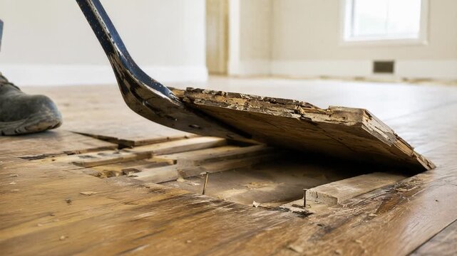 Worker removing damaged old hardwood plank with a pry bar during home renovation, showing floor demolition, repair, exposed subfloor, nails and worn wood.