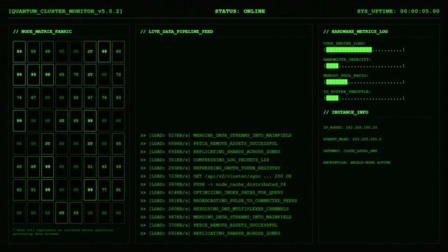 Cloud Server Cluster Monitoring Dashboard Data Pipeline Node Network Animation.