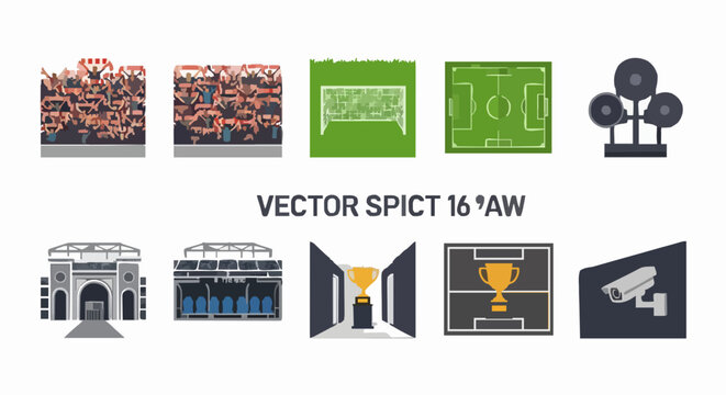 Dynamic collection of soccer stadium elements, including cheering crowds in red and white, goal nets, field layouts, trophy displays, and security cameras, rendered with clean