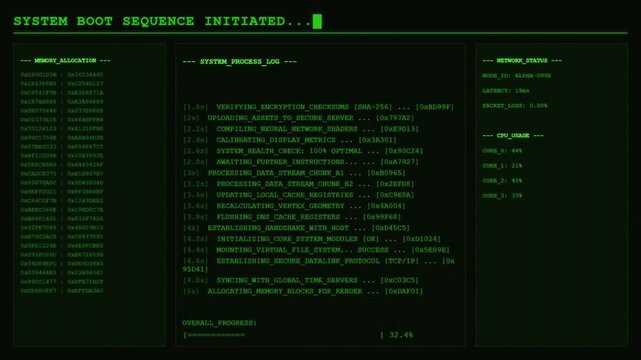 System Boot Sequence Initiated CPU Network Render Engine Terminal Animation.
