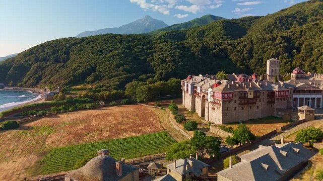 Aerial View of Holy Monastery of Iviron, Mount Athos