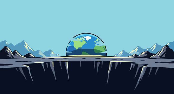 Stylized flat design globe with continents and oceans rests on a jagged, dark plateau under a clear sky with distant snow-capped mountains, evoking a sense of global fragility and