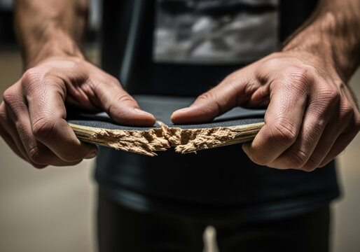 Close up of a man holding a broken skateboard deck in his calloused hands, showing the damaged wood layers after a failed trick in a skate park.