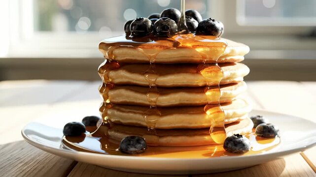 Pancake stack drips with syrup and blueberry topping. Breakfast pancake tower with syrup pouring down. Stack of pancakes covered in syrup. Blueberry pancakes dripping syrup on plate for breakfast.