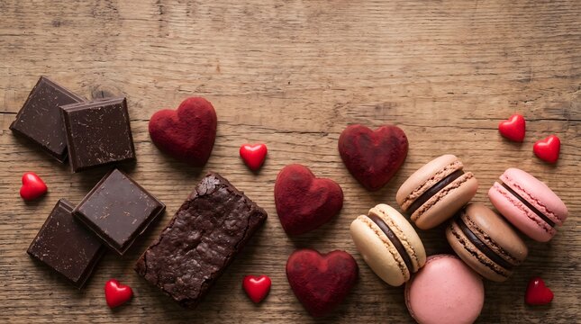 Delicious assortment of chocolate squares red velvet hearts macarons and brownies on a rustic wooden tabletop for valentines day