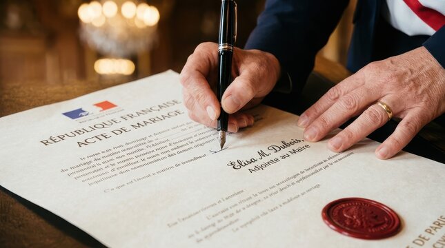 Official french marriage certificate being signed with a black fountain pen by a city official