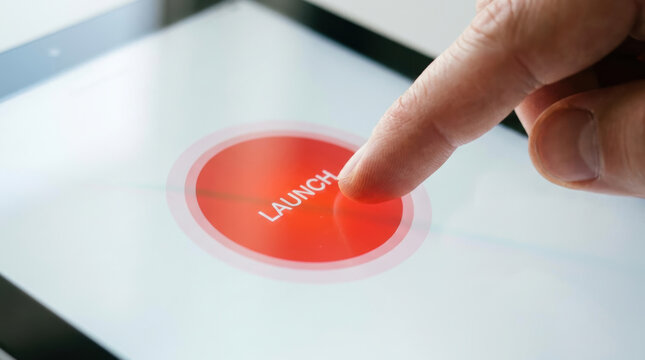 Finger pressing launch button on digital tablet screen, symbolizing start or activation with clear focus and bright red color
