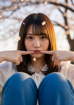 指で口元をさし茶目っ気あるポーズをとる可愛らしい女性