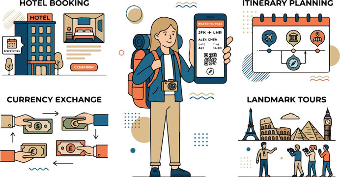 Illustration of a female tourist preparing for a global adventure with digital tools for accommodation, scheduling, money and tours