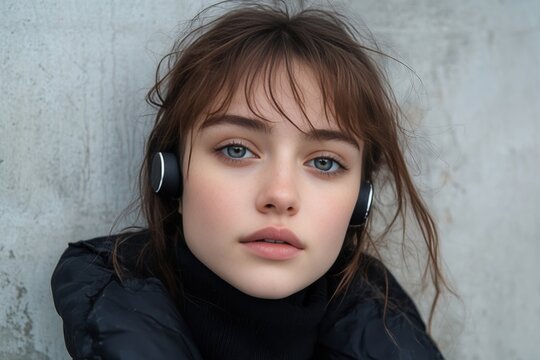 Beautiful young woman with messy hair wearing black winter jacket and modern wireless earphones