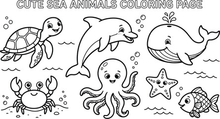 Fototapeta premium Kids drawing sea animals on coloring page