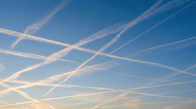 Contrails crossing in clear blue sky create dynamic pattern with soft light at sunset, evoking calm and wonder in atmosphere