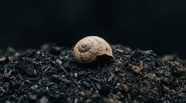 Snail shell resting on dark scorched earth with textured soil and burnt wood fragments in natural outdoor setting