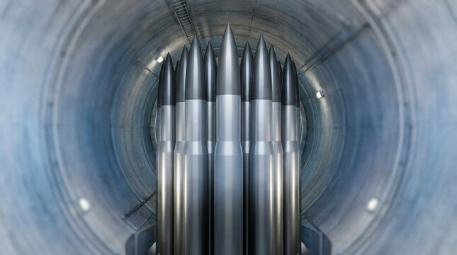 Missile silo with multiple large missiles inside cylindrical underground bunker, showing metallic surface and industrial lighting