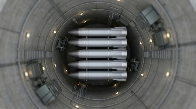 Missile silo with five large missiles stored vertically inside concrete underground bunker, illuminated by small lights