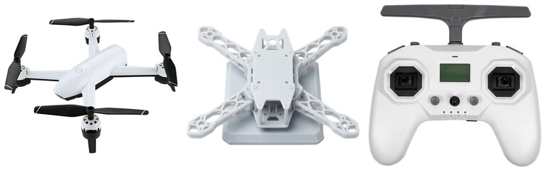 White drone, its frame, and a remote controller isolated on a white background © N