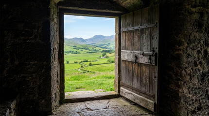 Fototapeta premium Open wooden door green field stone wall mountain landscape countryside rural scene natural light old doorway peaceful view stone floor valley