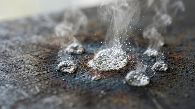 Water droplets evaporating on rusty metal surface with steam rising, showing texture and heat effect in close up view