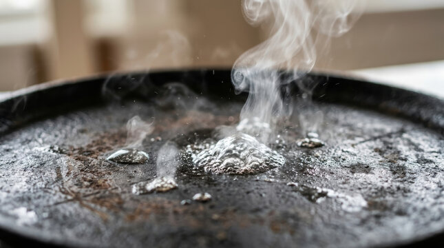 Boiling water bubbles and steam rising on hot metal surface, showing evaporation and heat transfer in action