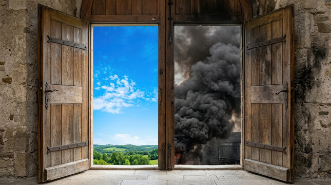 Open wooden door shows contrasting views of bright blue sky and dark smoke from fire outside old stone building