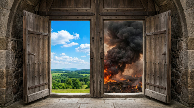 Open wooden door showing green landscape and fire with smoke outside, contrasting peaceful nature and destruction