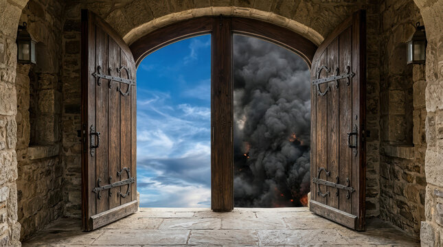 Open wooden door showing contrasting sky with blue clouds and dark smoke with fire, symbolizing choice and dramatic emotion