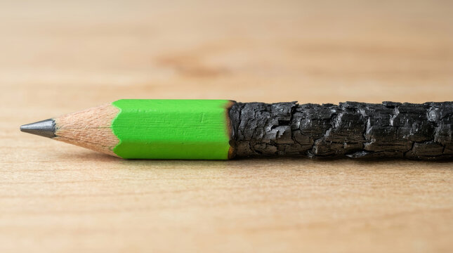Burnt wooden pencil with green paint on wooden surface showing contrast between fresh and charred textures
