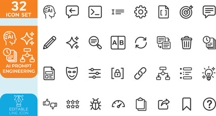 AI Prompt Engineering line editable Vector illustration icon set. Generative AI, Prompt Optimization, and Model Guidance. Modern icons for large language models, AI interaction, and context control © MdAbdulMomin