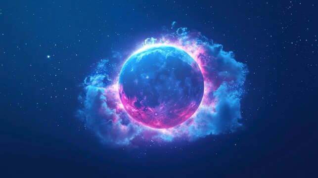 Glowing planet surrounded by vibrant nebula clouds in deep space.