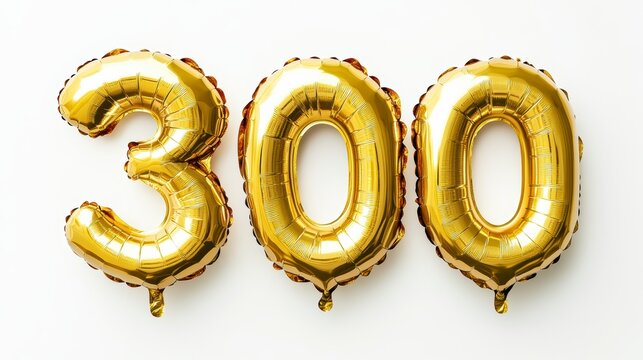 Gold foil balloons spelling out the number 300 on a white background.