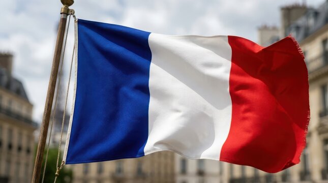 French national flag waving in the wind with blurred parisian architecture in background