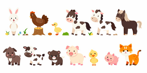 Fototapeta premium Farm Animals Collection Colorful Vector Illustration On White Background