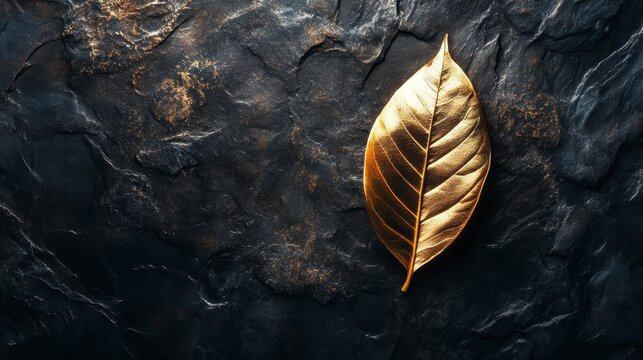 Golden leaf on dark stone background. (1)