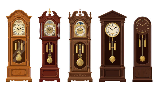 Collection of antique grandfather clocks, vintage timepieces with pendulums and chimes