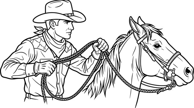 Cowboy Holding Horse Reins, Western Style Illustration