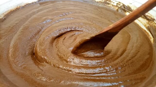 Mixing Henna Paste with Wooden Spoon, Fresh Henna Paste for Hair and Mehndi