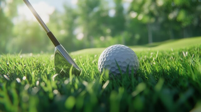 Golf club and ball on green grass at sunrise.