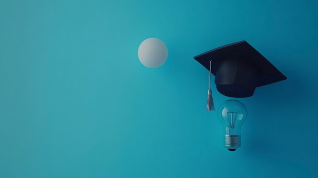 Graduation cap above a lightbulb on blue background.
