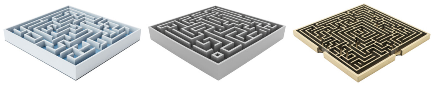 Three different maze puzzles on a white background