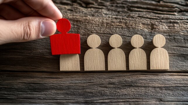 Hand placing a red puzzle piece representing a leader among a row of beige puzzle pieces on a rustic wooden background.