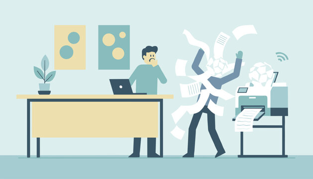 Stressed office worker looking in dismay at a chaotic malfunctioning printer throwing sheets of paper all over.