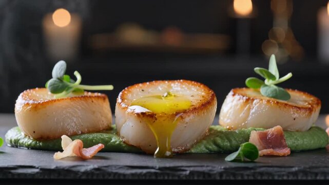 Fresh seared scallops on pea puree with golden oil drizzle in cinematic close motion.