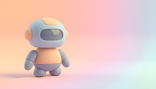 Adorable 3D rendered futuristic mini robot toy standing on a soft pastel gradient background illustrating artificial intelligence and machine learning