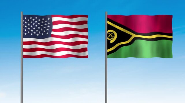 Flag of Vanuatu AND USA, Pole flag of Vanuatu and USA on Green screen chroma key, Vanuatu and USA flag waving. 
