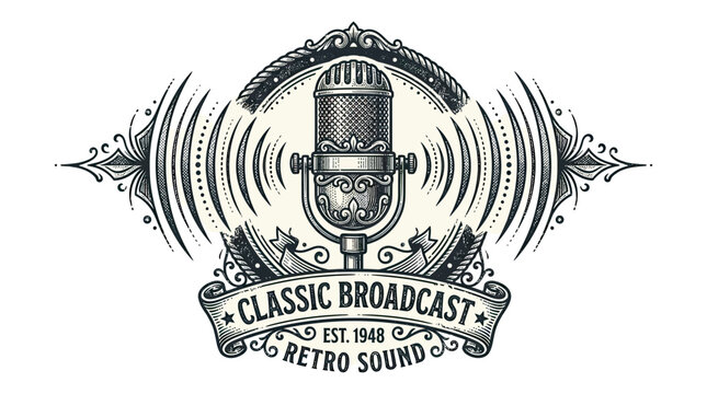 Vintage Microphone Retro Broadcast Emblem - Classic Soundwaves Design