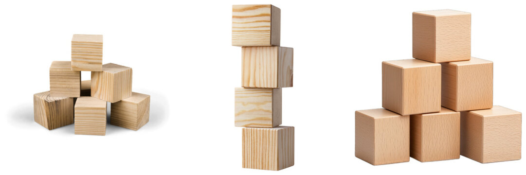 Three arrangements of wooden building blocks on a white background