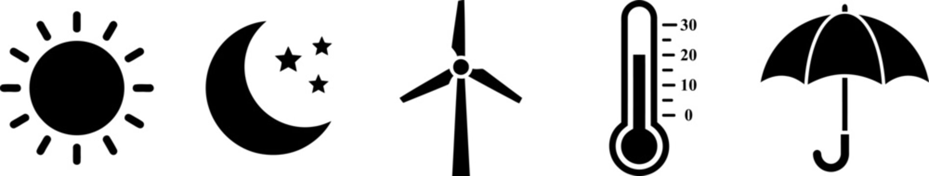 Weather and climate icons set showing sun moon stars wind turbine thermometer and umbrella.