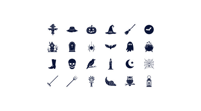 Halloween scarecrow and harvest silhouette icon set for autumn